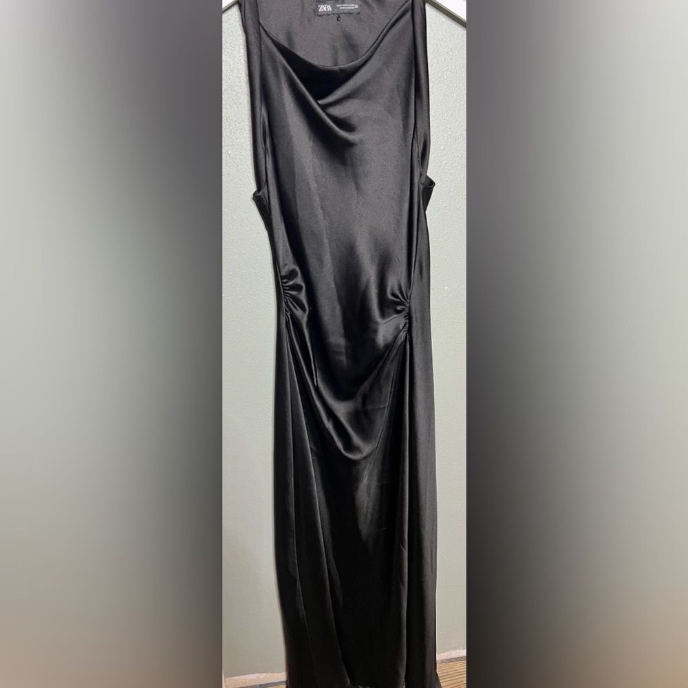Zara Black Long Satin Bodycon Midi LBD Dress Size Medium
